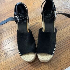 Marc Fisher Black and Tan Wedge Sandals